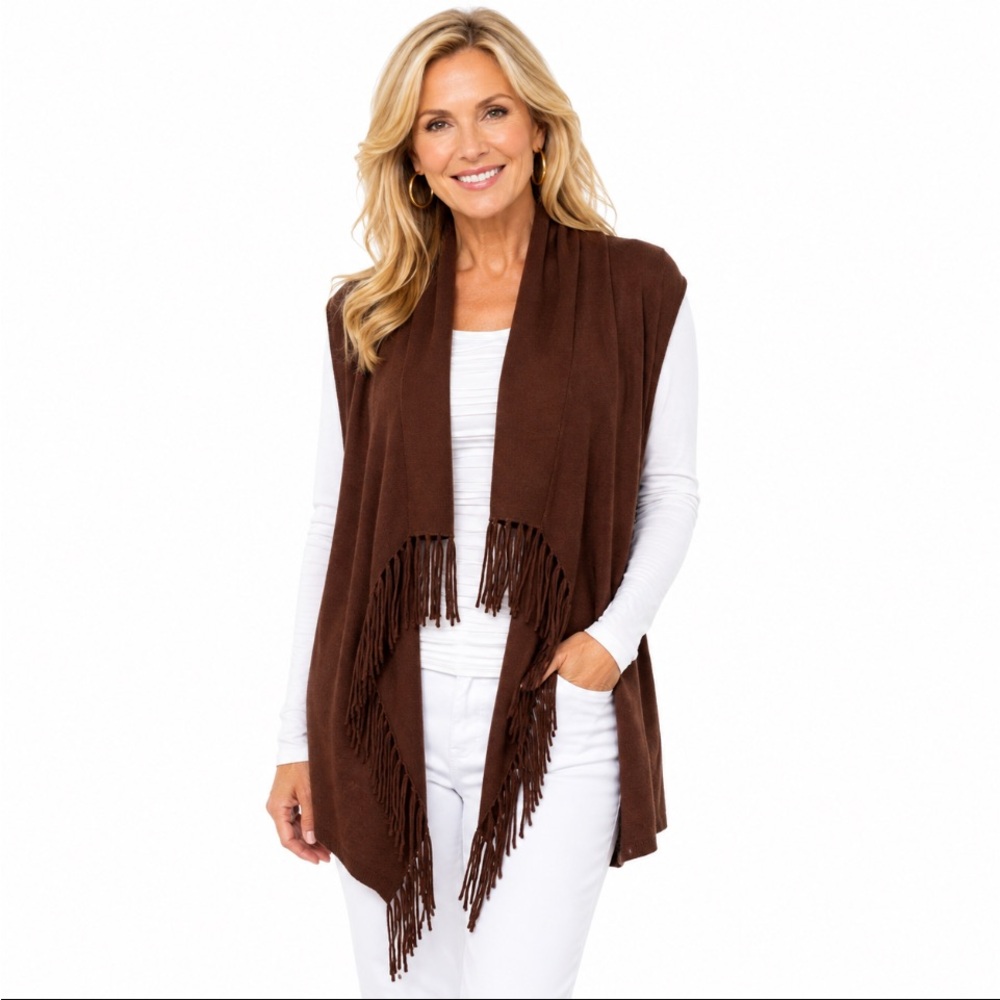 COLOUR WORKS Brown Fringe Open-Front Sweater Vest Size Large